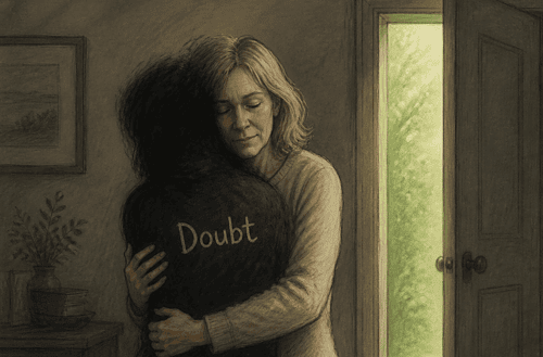 Illustration einer Frau, die ihre Zweifel umarmt – Sinnbild für persönliche Veränderung und einen Neuanfang ab 40.